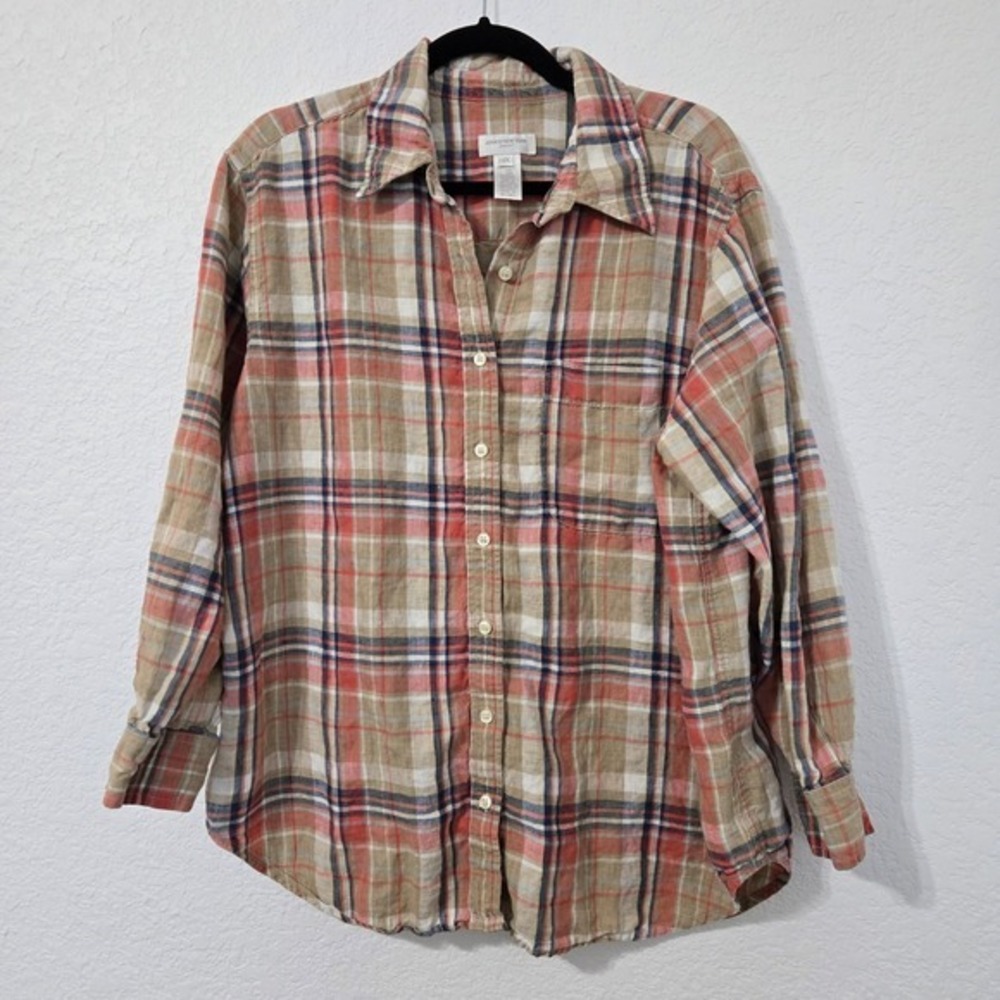Jones New York Sport Plaid Linen Shirt 1X Womens Button Up‎ Long Sleeve